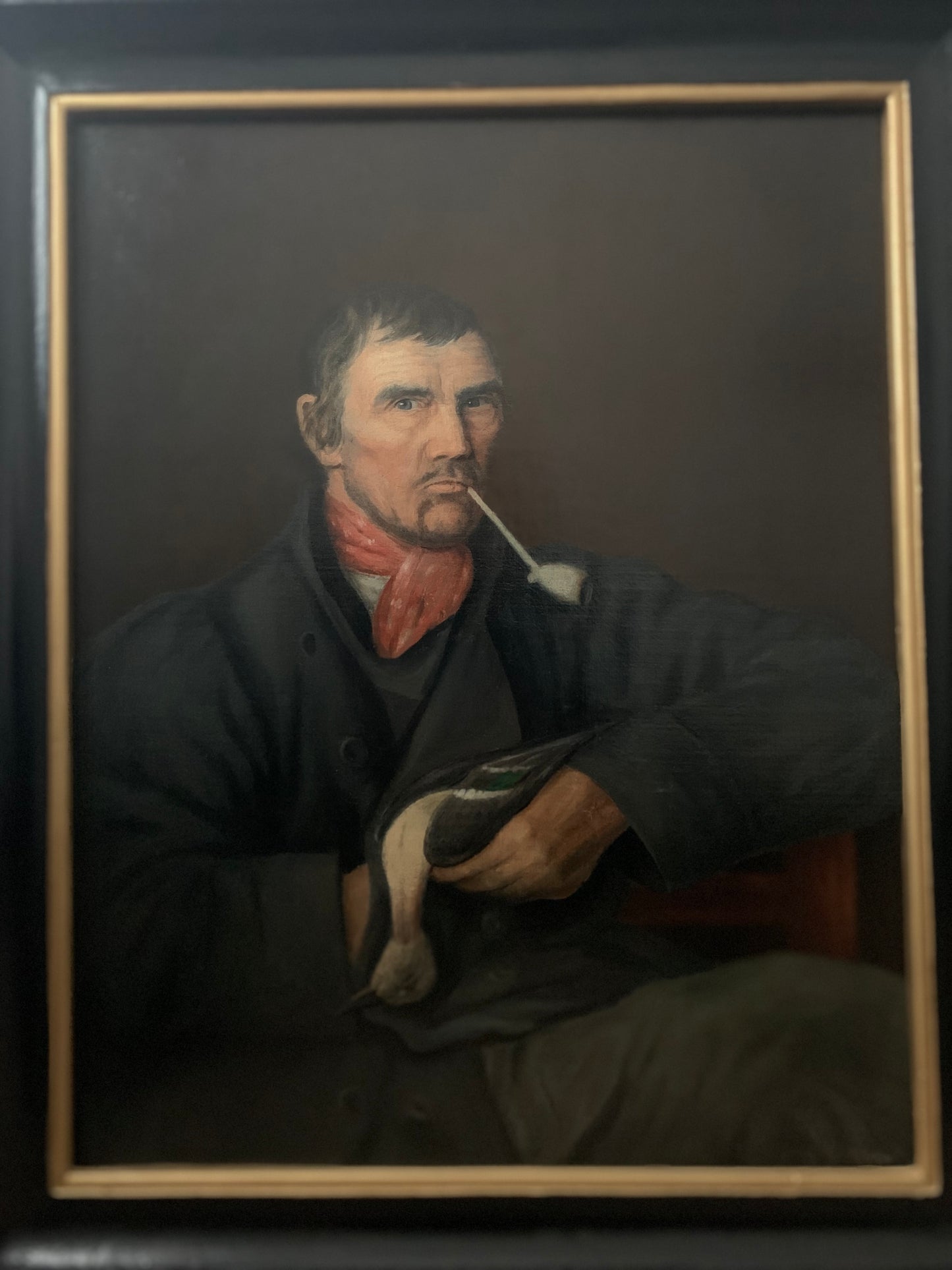 Large 19th Century Antique Dutch Oil Painting Portrait "Man with Dead Duck"