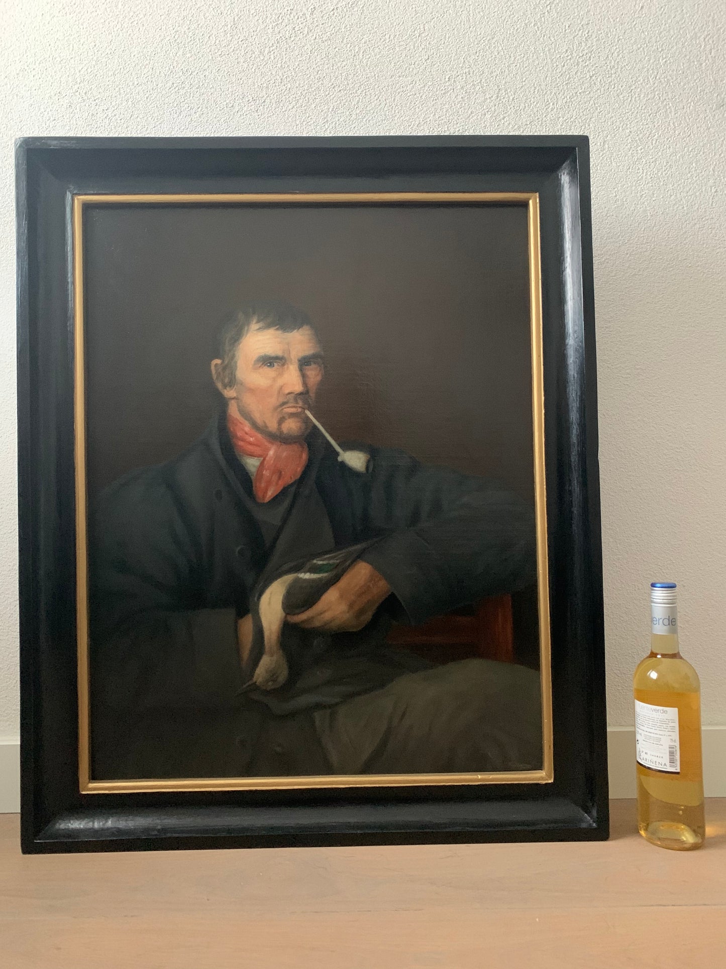 Large 19th Century Antique Dutch Oil Painting Portrait "Man with Dead Duck"