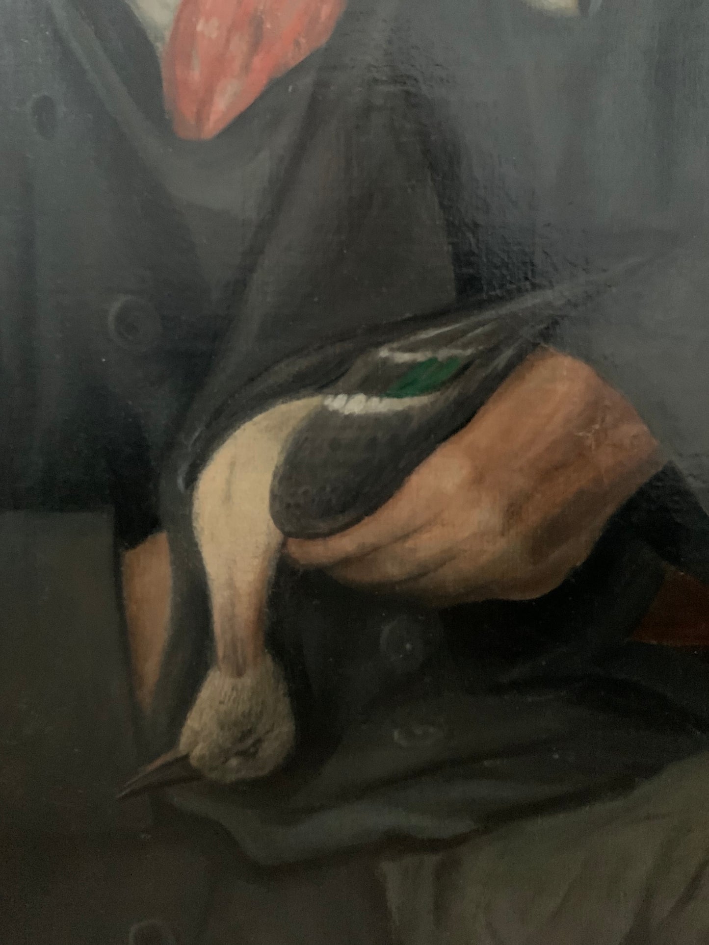 Large 19th Century Antique Dutch Oil Painting Portrait "Man with Dead Duck"