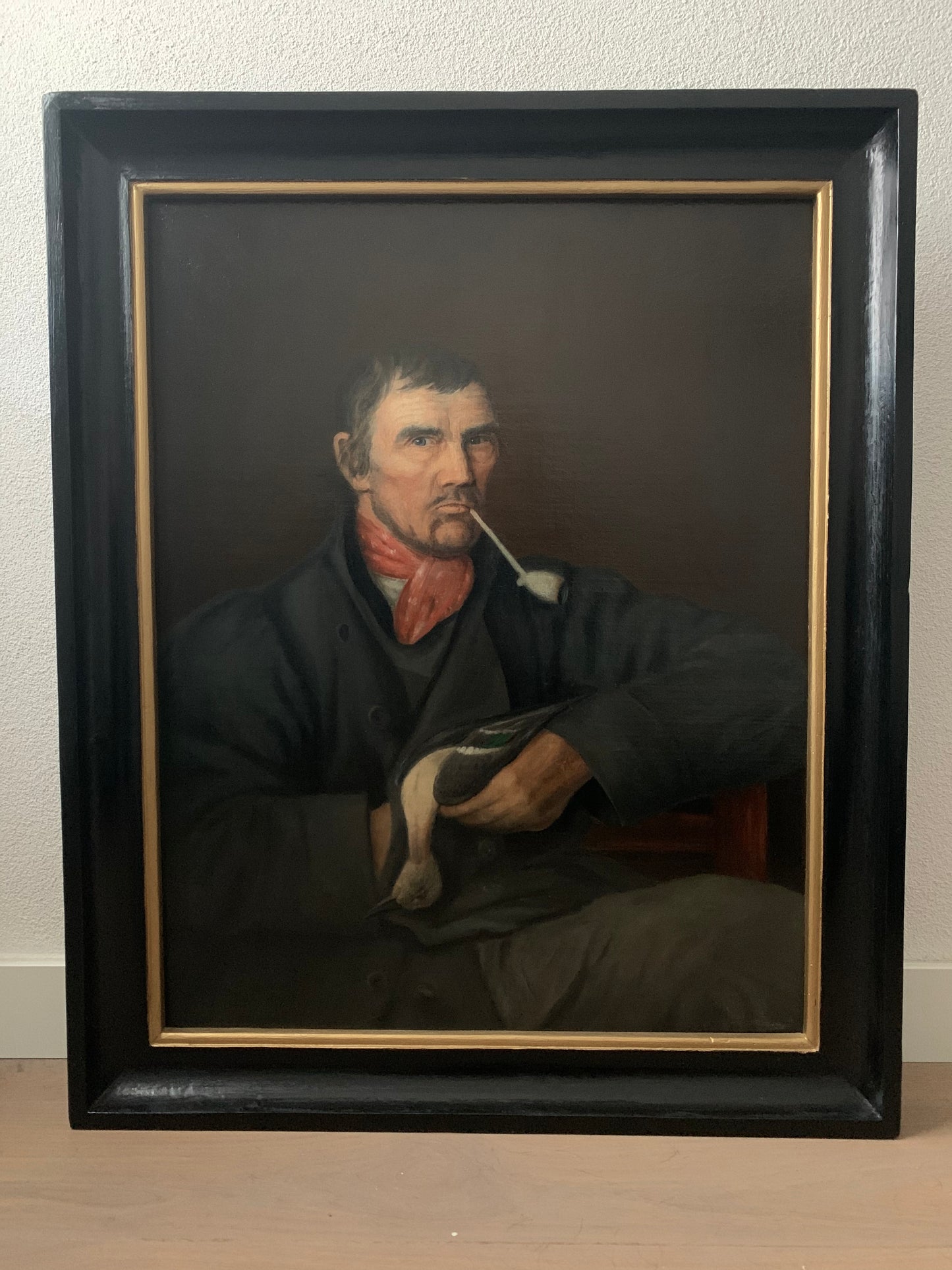 Large 19th Century Antique Dutch Oil Painting Portrait "Man with Dead Duck"