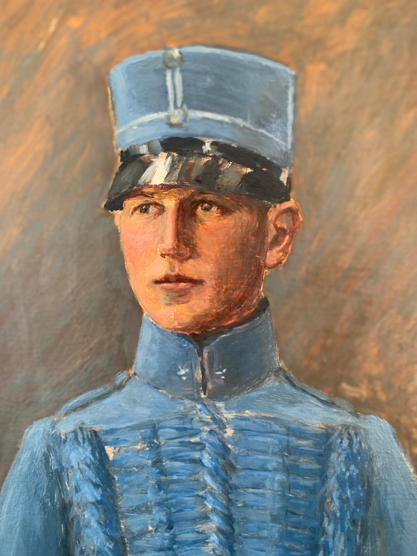 Early 20th century Swedish Oil Painting of Officer in Blue