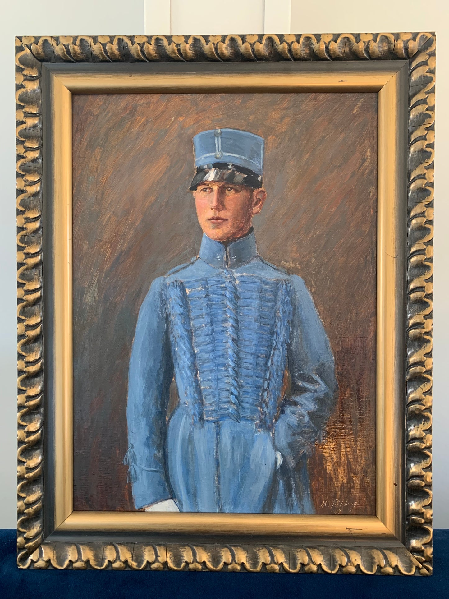 Early 20th century Swedish Oil Painting of Officer in Blue