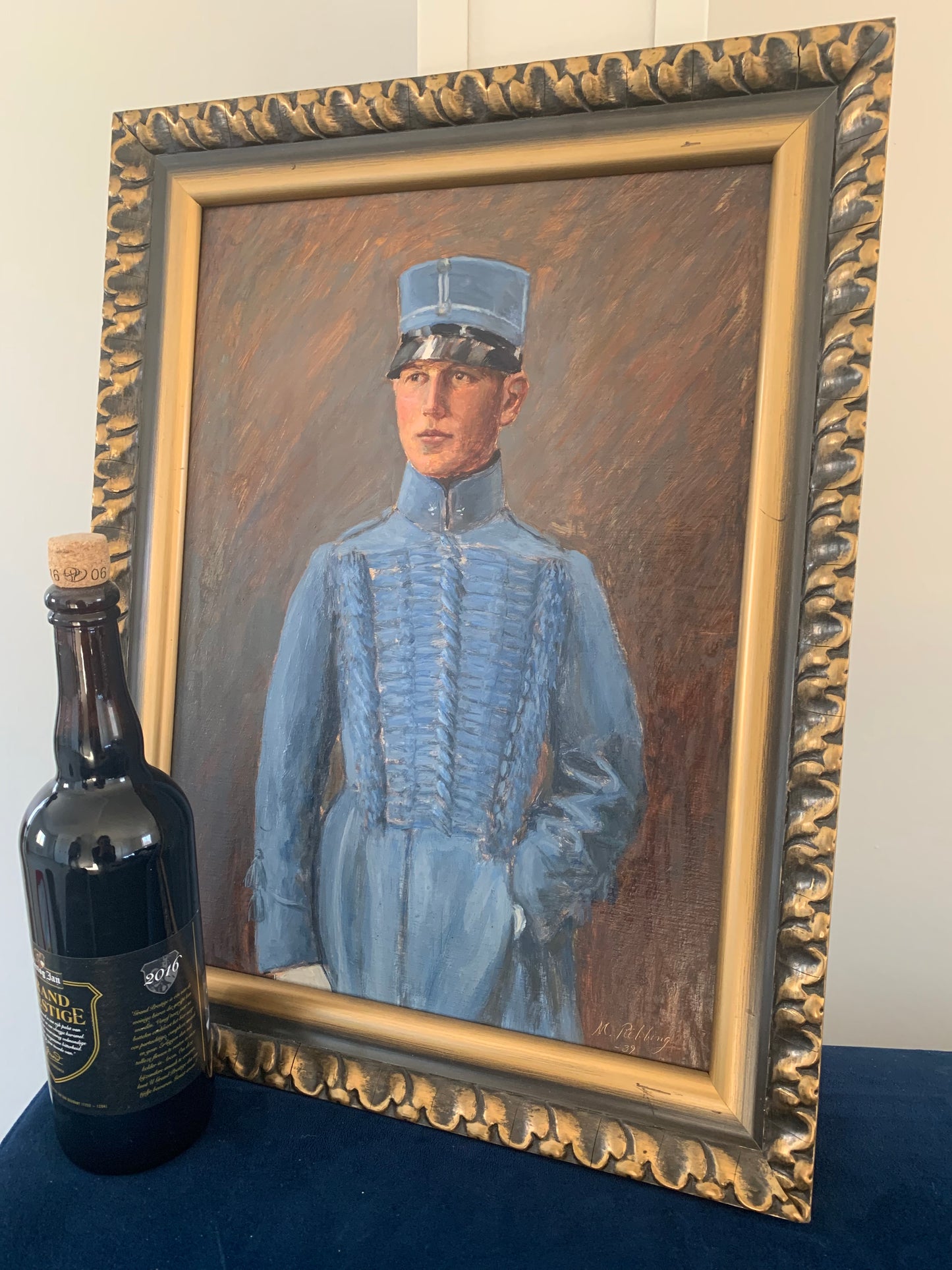 Early 20th century Swedish Oil Painting of Officer in Blue