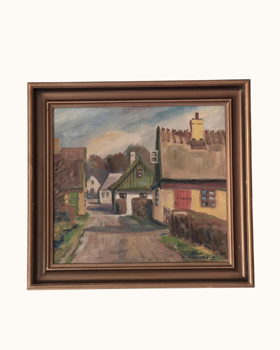 Original Vintage Cottage Landscape Oil Painting, circa 1950