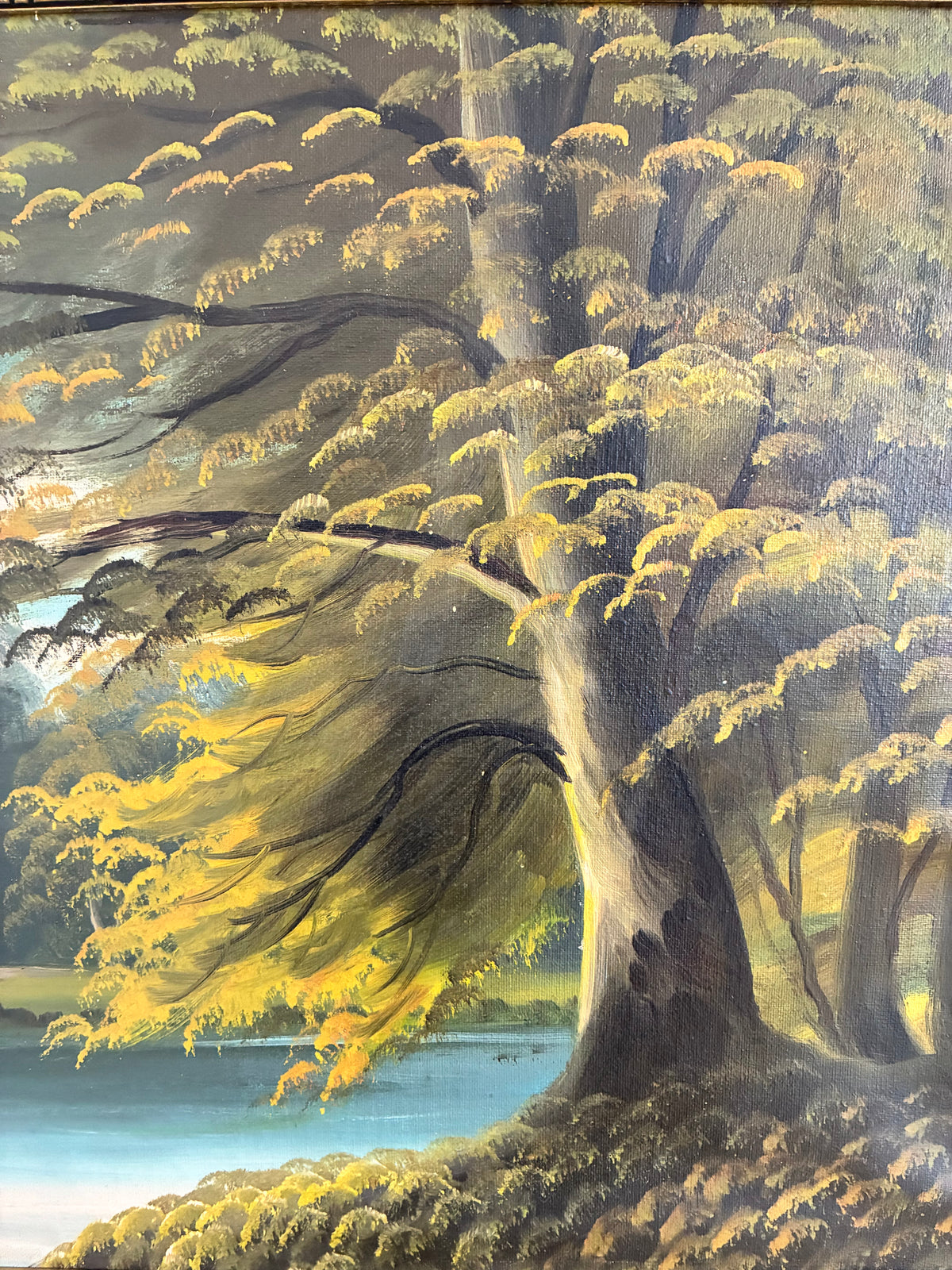 Vintage Signed Cottage Lake Landscape Oil Painting