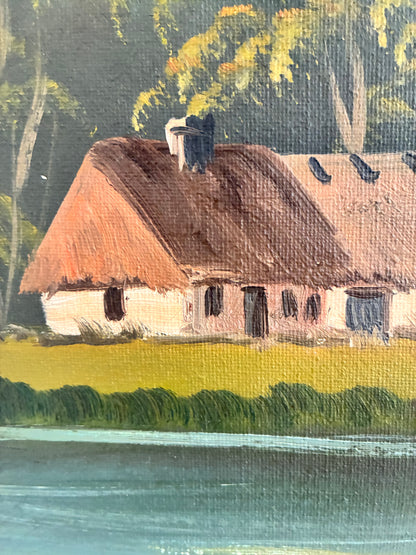 Vintage Signed Cottage Lake Landscape Oil Painting