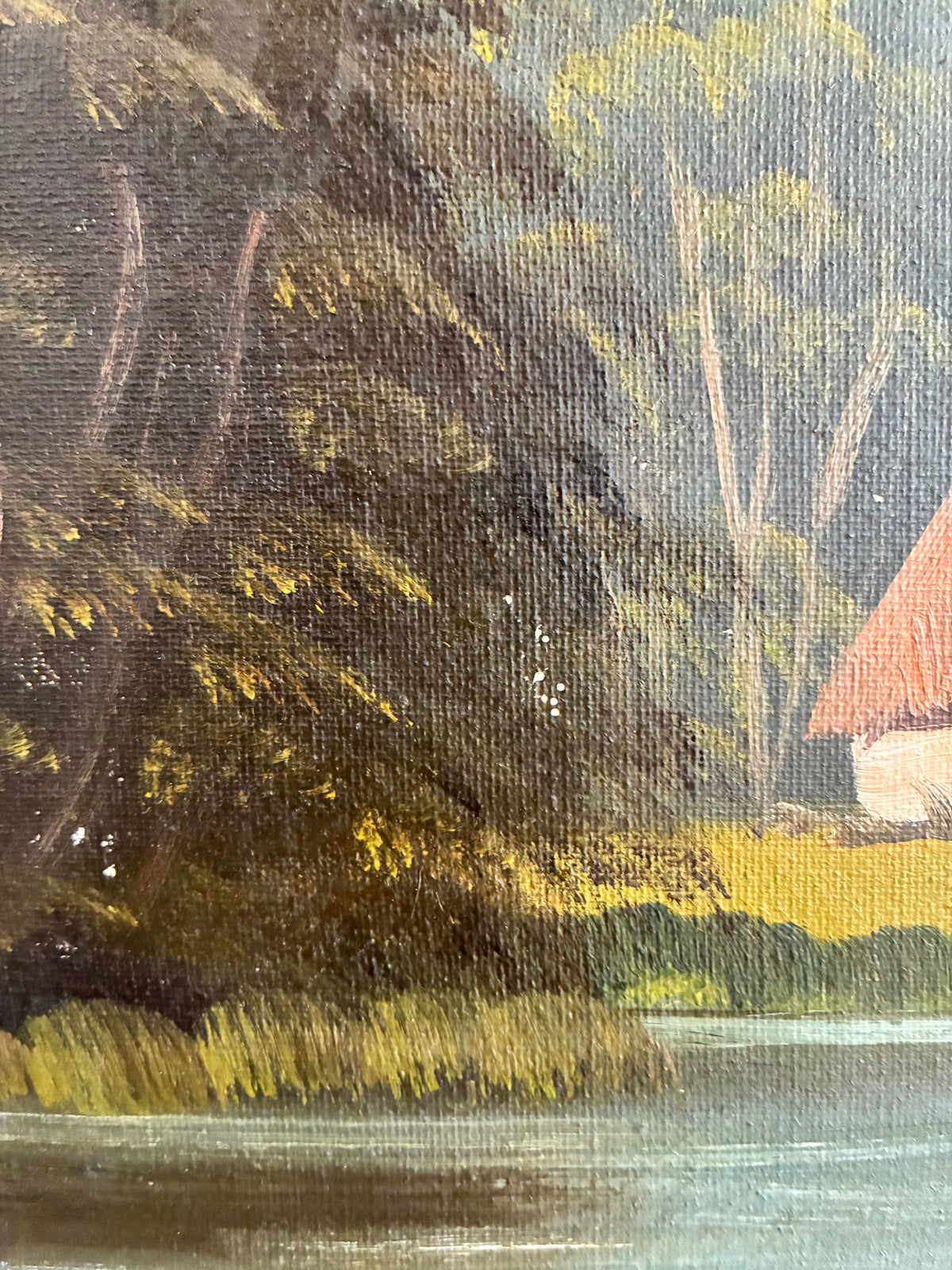 Vintage Signed Cottage Lake Landscape Oil Painting