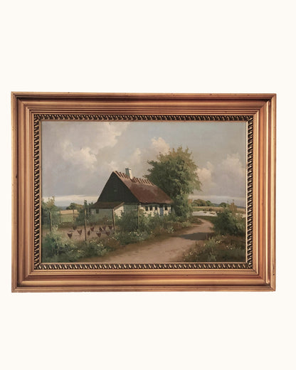 Large Vintage Countryside Cottage Original Oil Painting, circa 1940