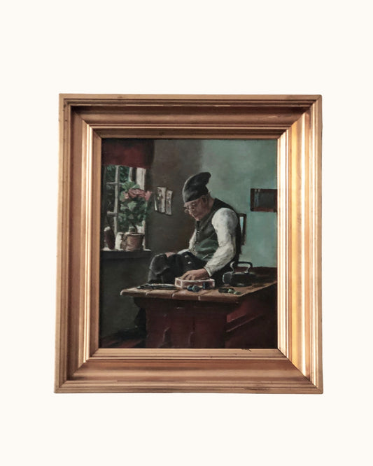 Original Vintage Interior Oil Painting, Craftsman at Work, circa 1920