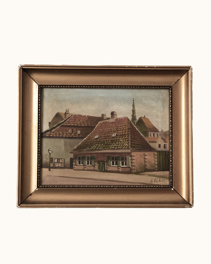 Large Original Vintage Countryside Cottage Oil Painting, circa 1923