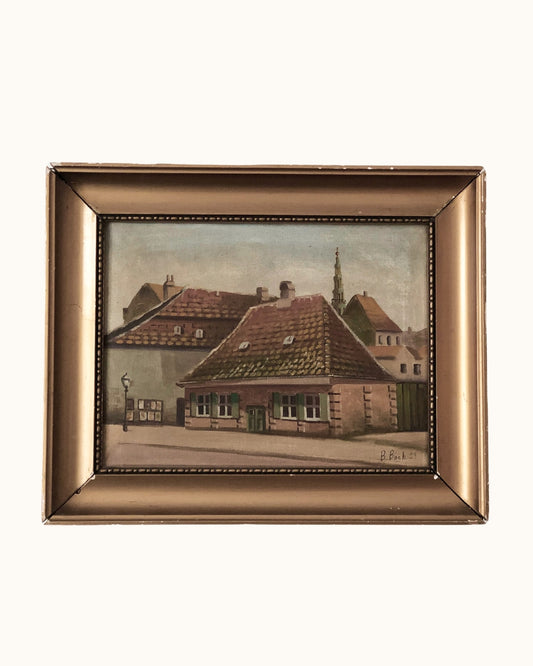 Large Original Vintage Countryside Cottage Oil Painting, circa 1923