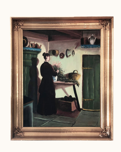 Original Vintage Cottage Interior Oil Painting, circa 1940