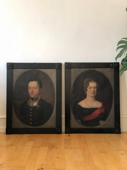 Pair of 19th-Century Portraits paintings of a German Baron and Baroness