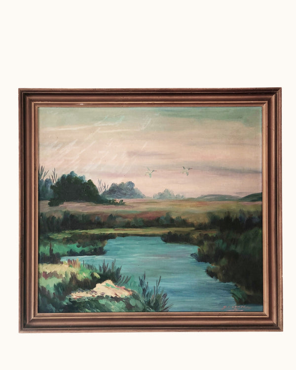 Large Original Vintage River Landscape Oil Painting, circa 1960