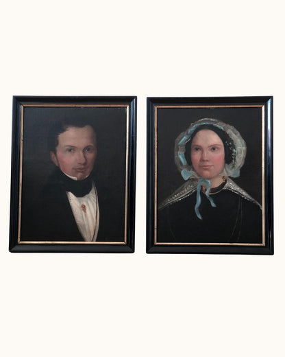 Set of Antique Portrait Paintings of a Dutch Couple, c. 1840