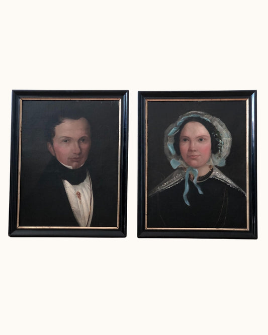Set of Antique Portrait Paintings of a Dutch Couple, c. 1840