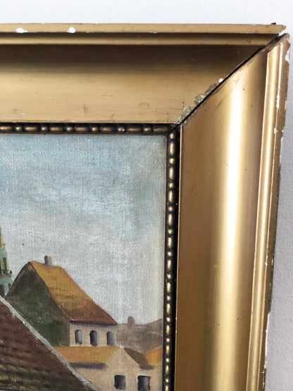 Large Original Vintage Countryside Cottage Oil Painting, circa 1923