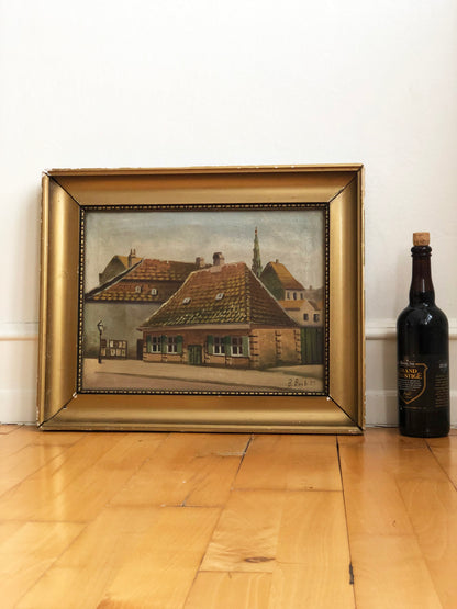 Large Original Vintage Countryside Cottage Oil Painting, circa 1923