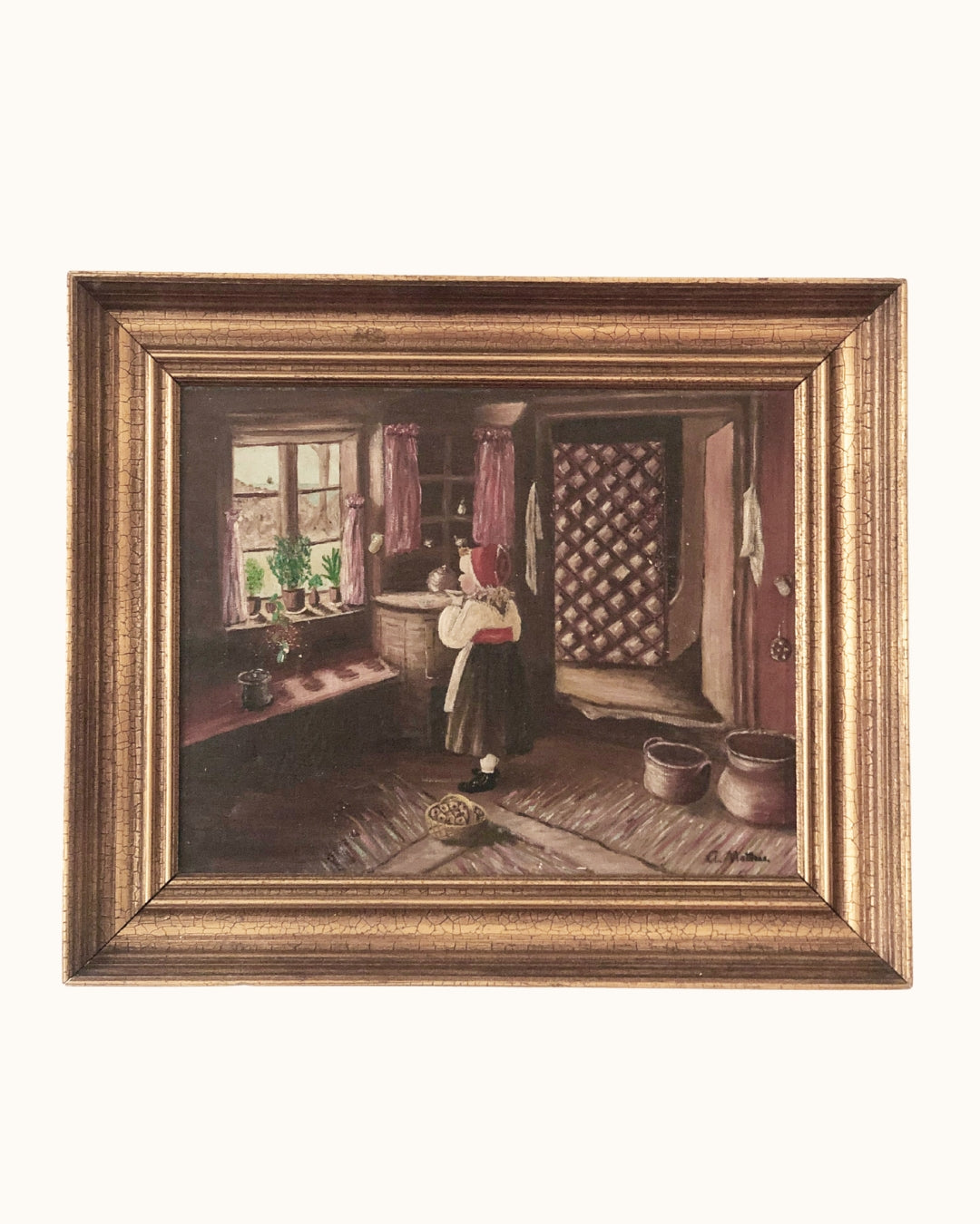Vintage Original Oil Painting with a girl in a Cottage Interior, circa 1940