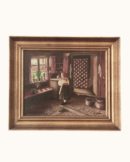 Vintage Original Oil Painting with a girl in a Cottage Interior, circa 1940