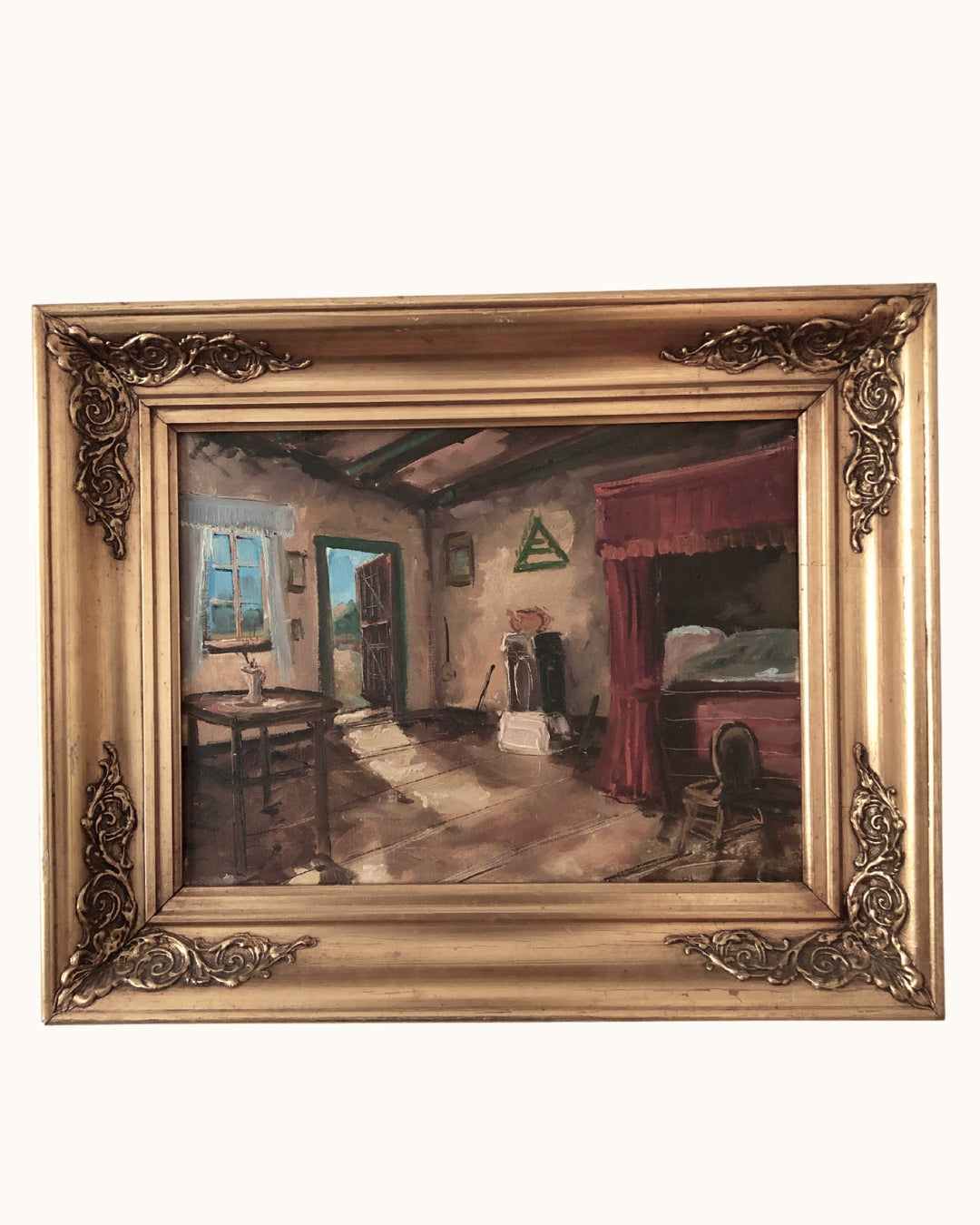 Vintage Original Oil Painting with a Cottage Interior, circa 1960