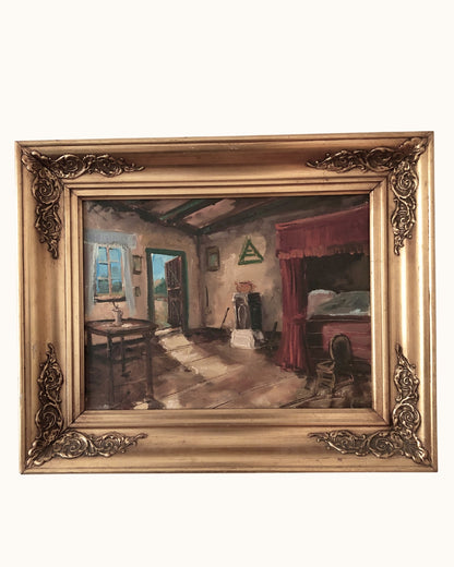 Vintage Original Oil Painting with a Cottage Interior, circa 1960