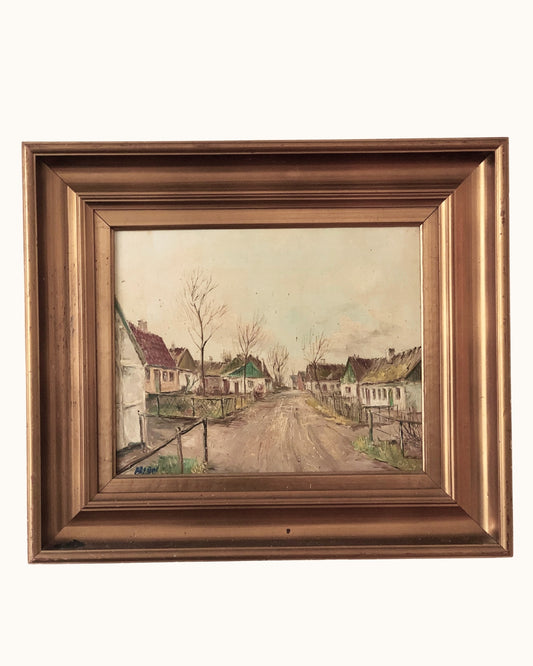 Large Vintage European Village Original Oil Painting with Cottages, circa 1940