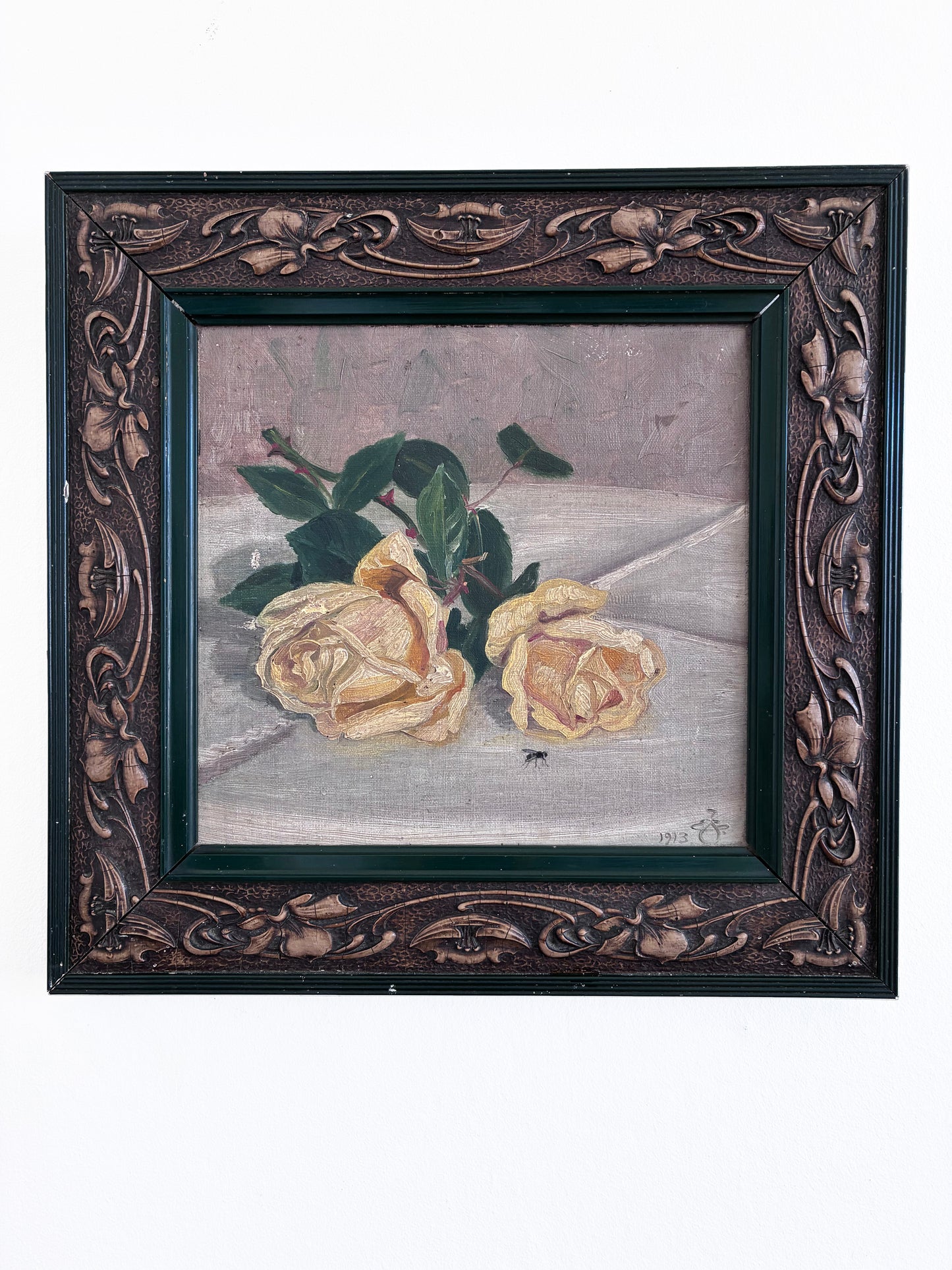 Antique Original Flower Oil Painting, Framed Signed Roses Still Life, c. 1913