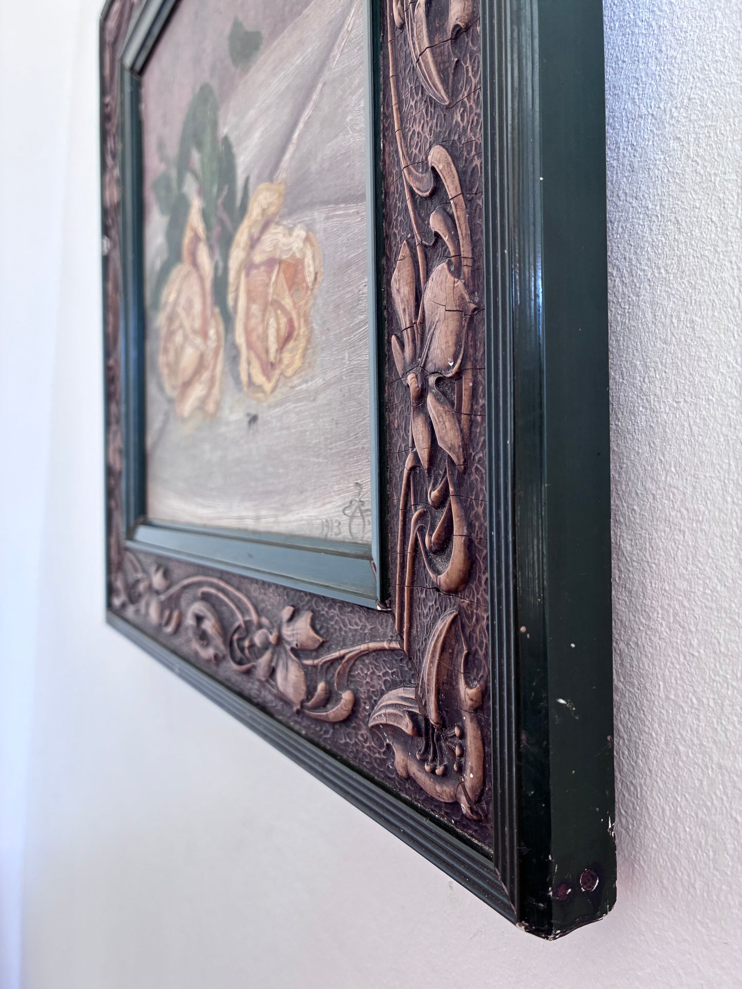 Antique Original Flower Oil Painting, Framed Signed Roses Still Life, c. 1913
