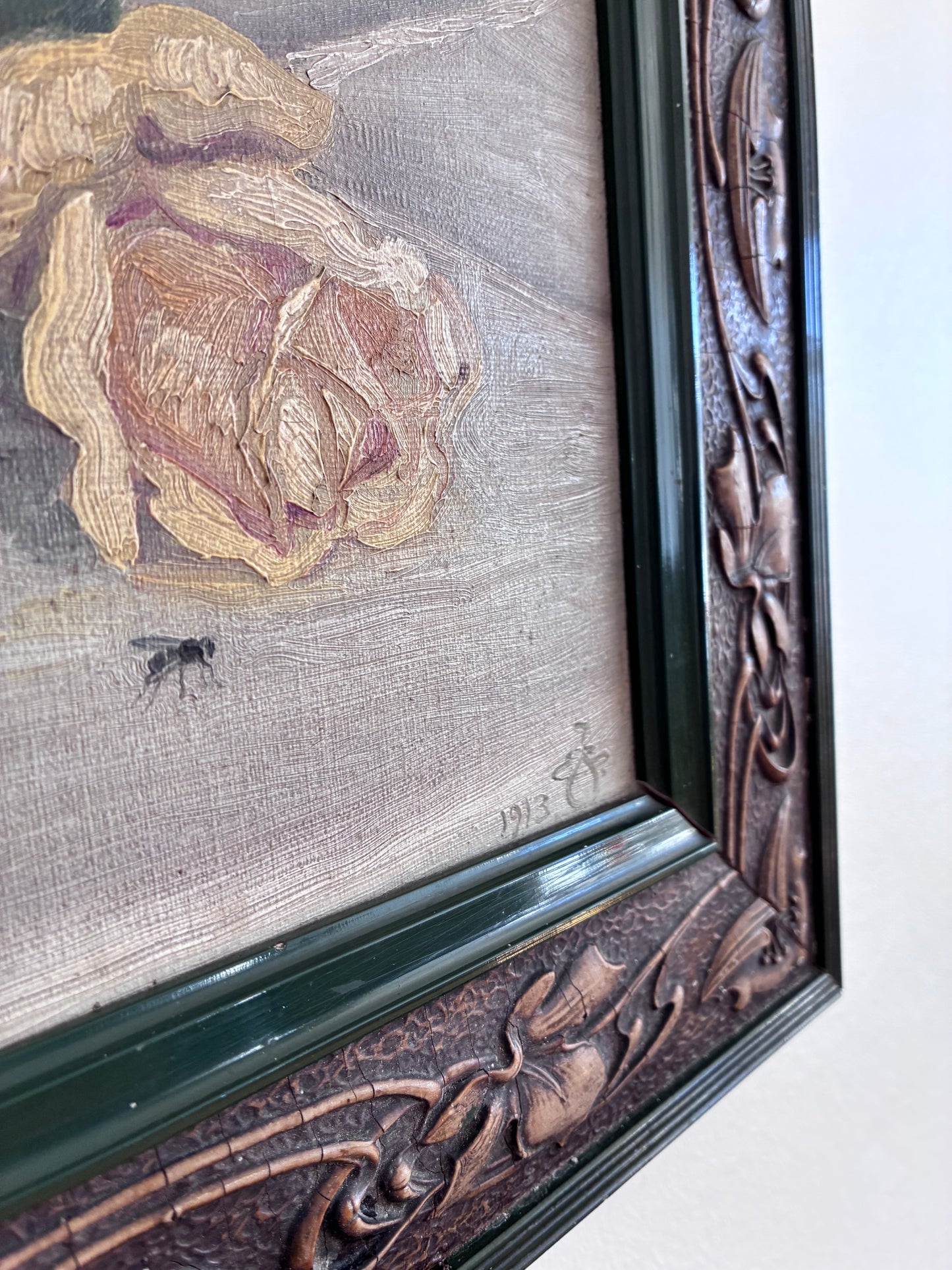 Antique Original Flower Oil Painting, Framed Signed Roses Still Life, c. 1913