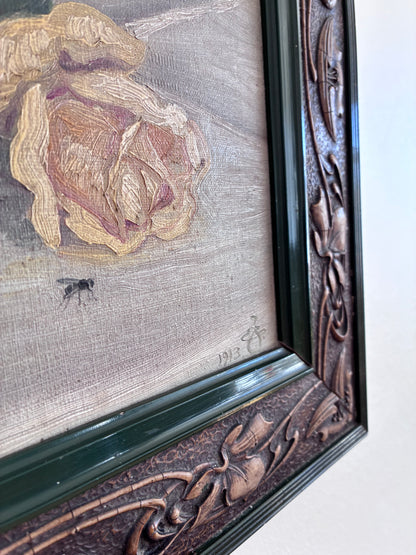 Antique Original Flower Oil Painting, Framed Signed Roses Still Life, c. 1913