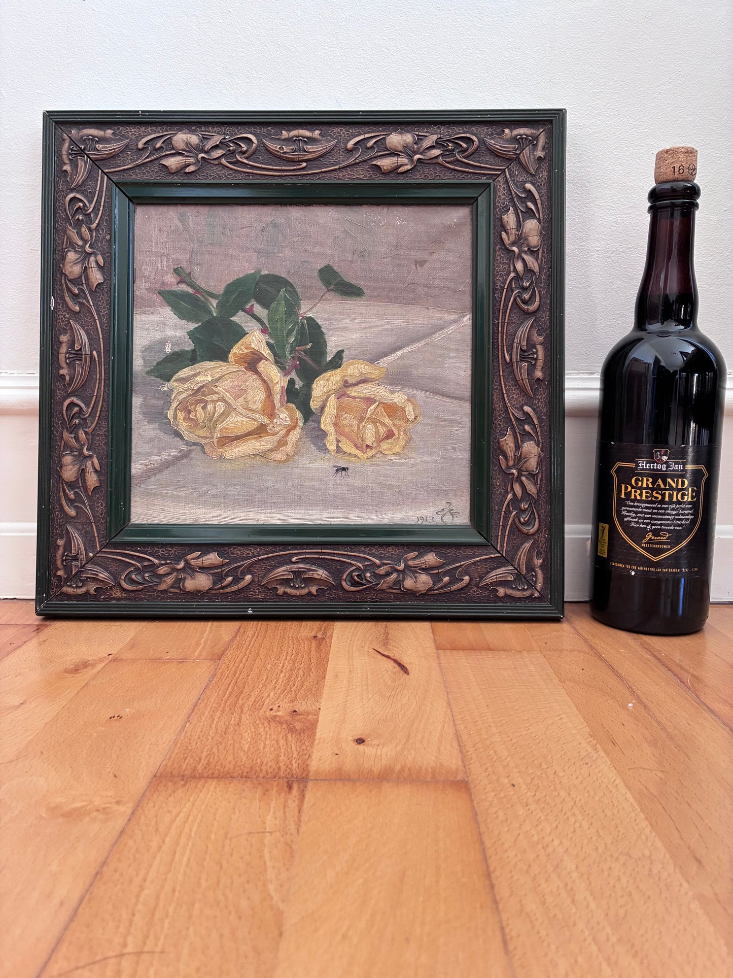 Antique Original Flower Oil Painting, Framed Signed Roses Still Life, c. 1913