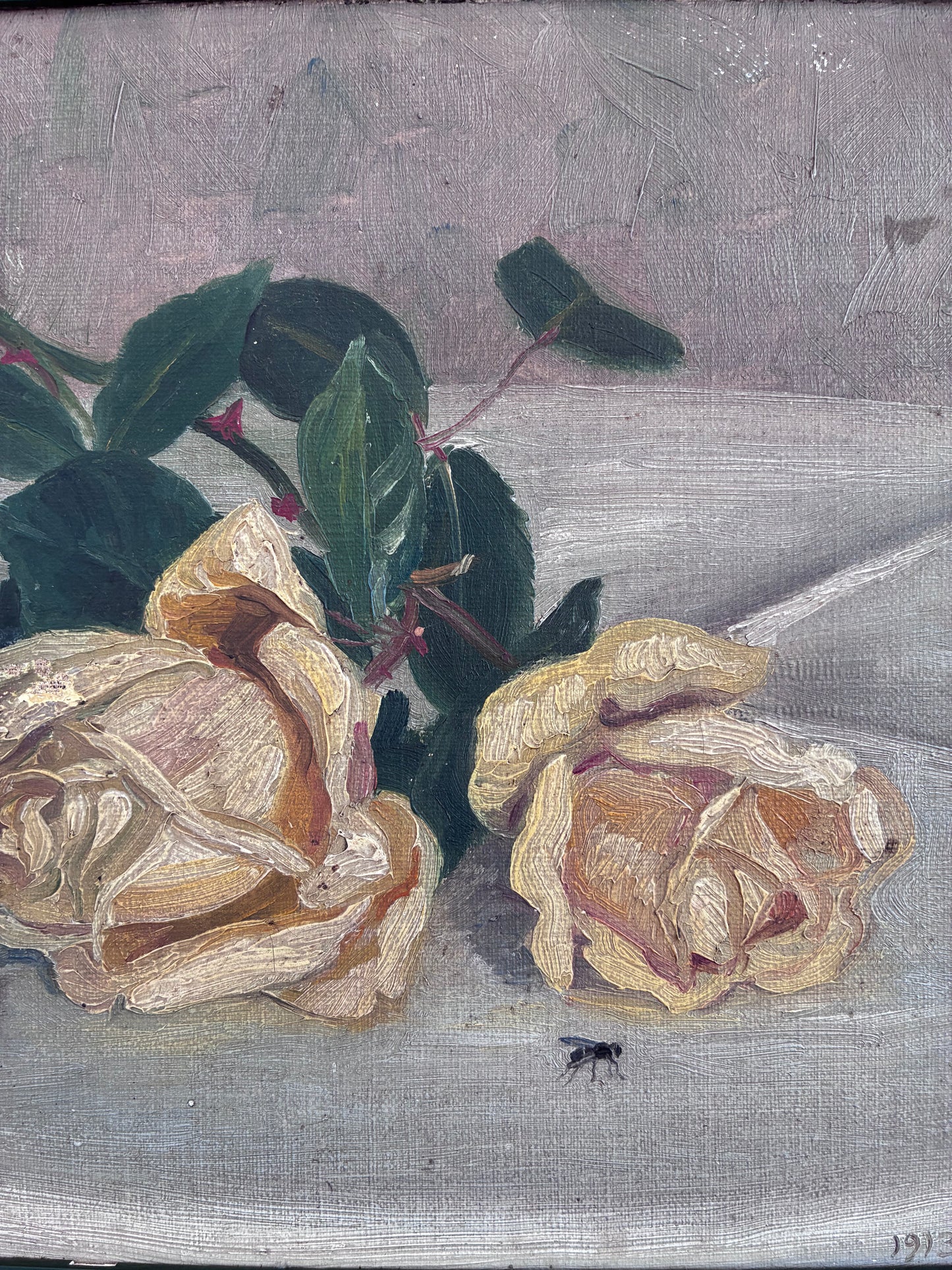 Antique Original Flower Oil Painting, Framed Signed Roses Still Life, c. 1913
