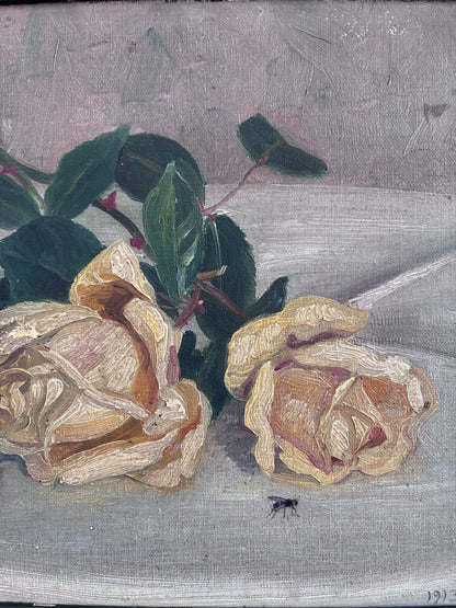 Antique Original Flower Oil Painting, Framed Signed Roses Still Life, c. 1913