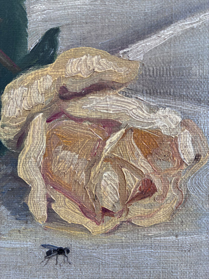 Antique Original Flower Oil Painting, Framed Signed Roses Still Life, c. 1913