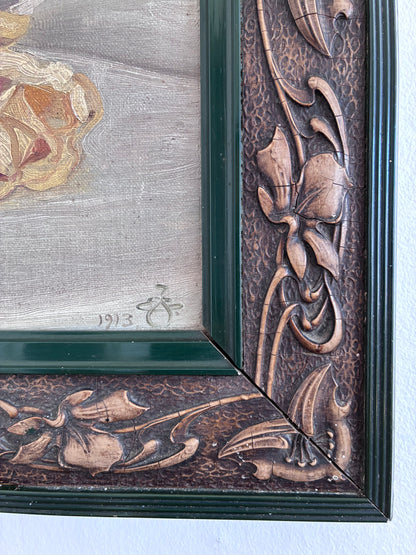 Antique Original Flower Oil Painting, Framed Signed Roses Still Life, c. 1913
