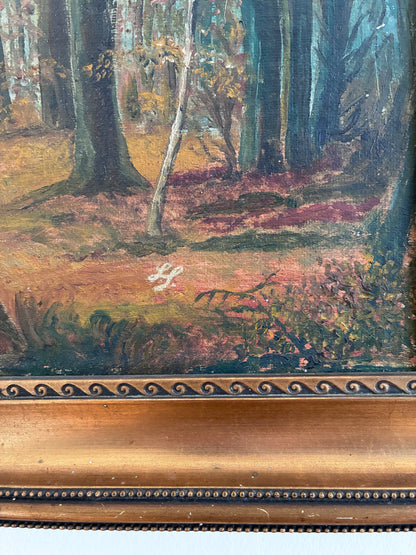 Antique Original Forest Landscape Oil Painting c. 1910