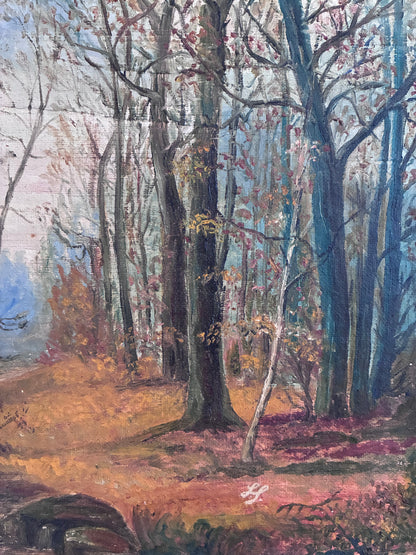 Antique Original Forest Landscape Oil Painting c. 1910