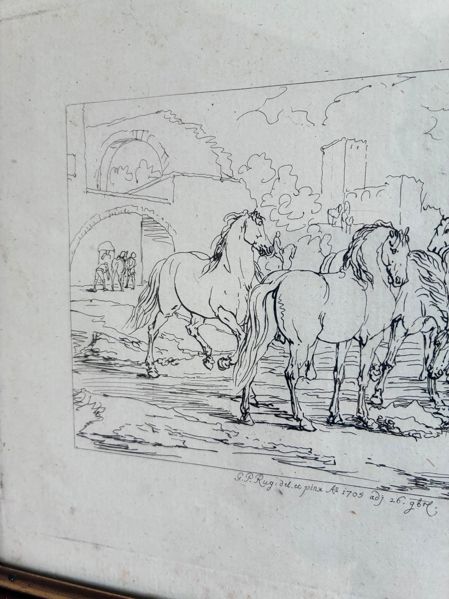 Antique Original Horse Etching, circa 1700: Framed Equestrian Print