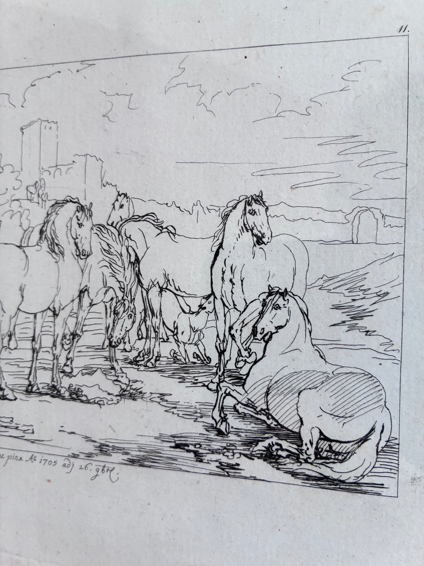 Antique Original Horse Etching, circa 1700: Framed Equestrian Print