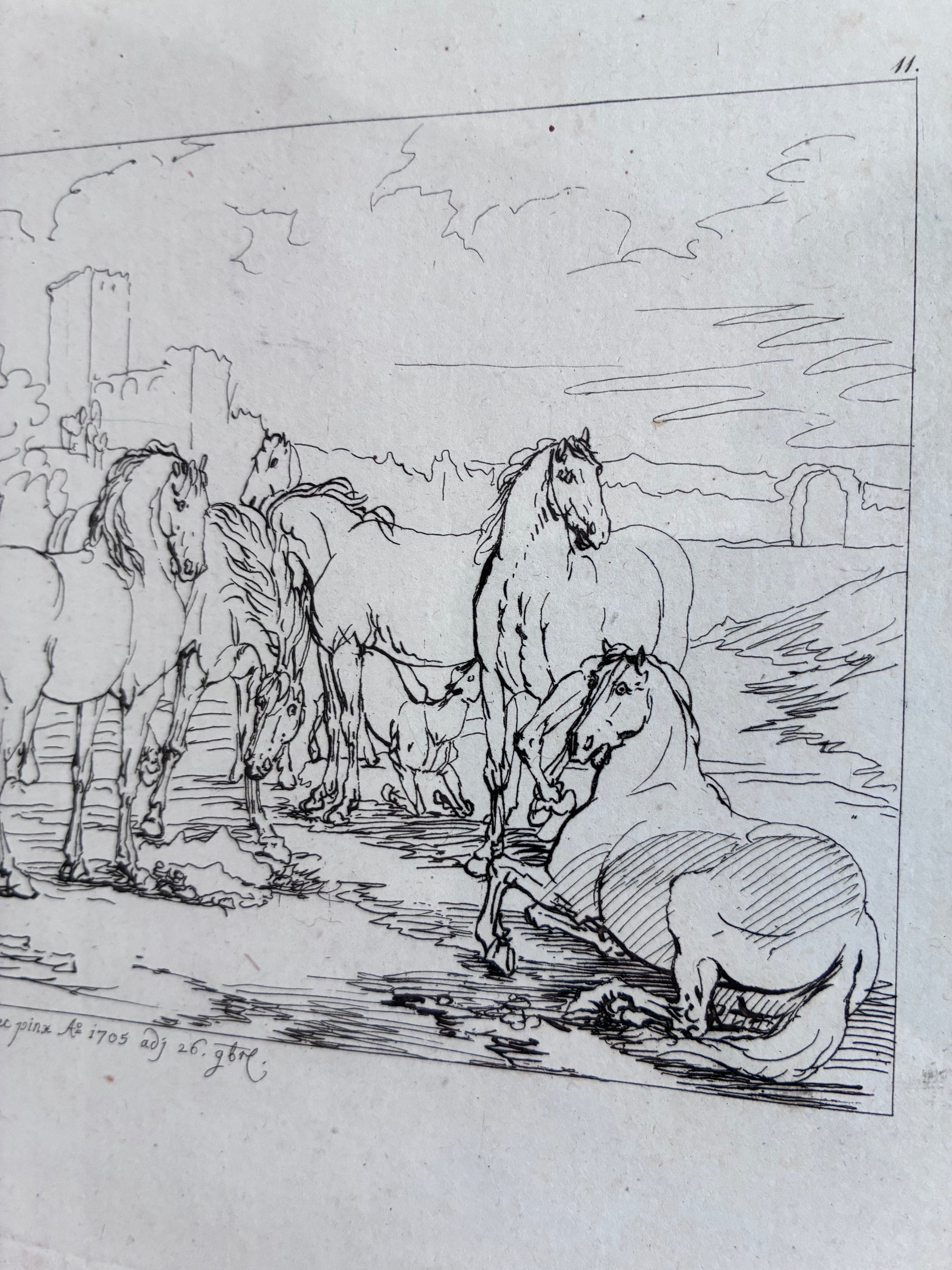 Antique Original Horse Etching, circa 1700: Framed Equestrian Print