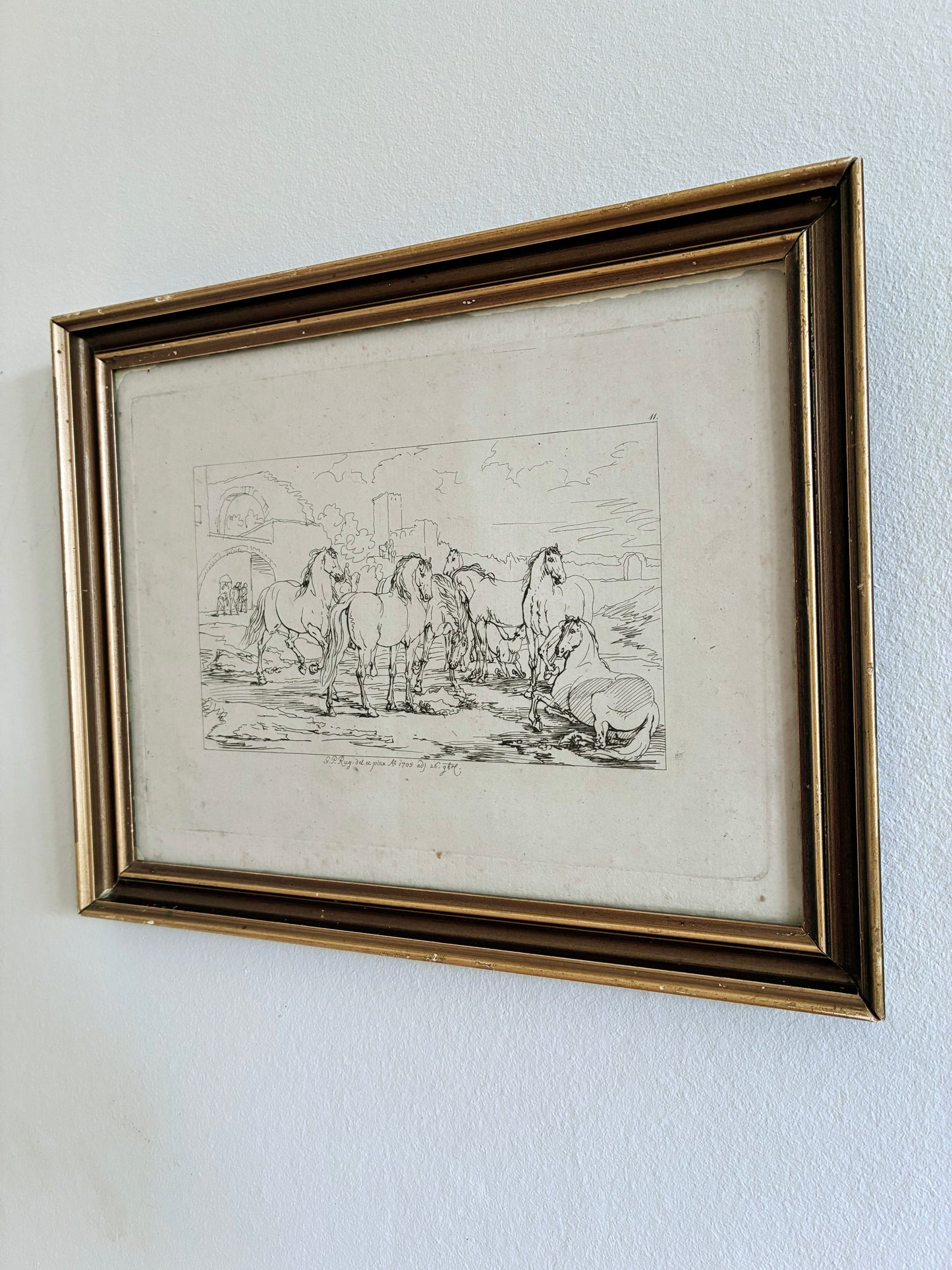 Antique Original Horse Etching, circa 1700: Framed Equestrian Print