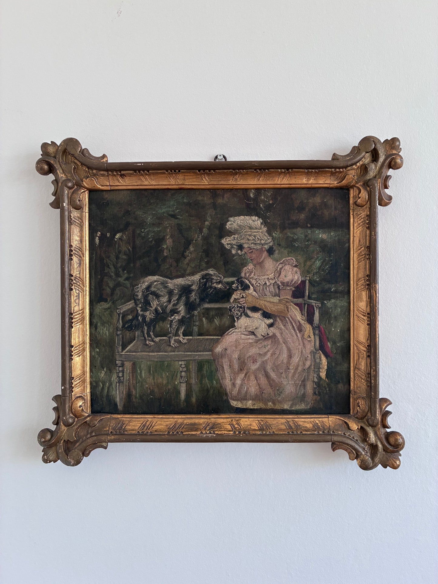 Antique Original Oil Painting, Framed Woman with Dogs Portrait, c.1880