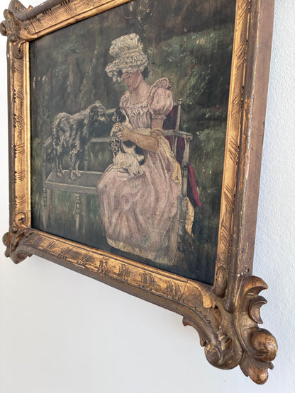 Antique Original Oil Painting, Framed Woman with Dogs Portrait, c.1880