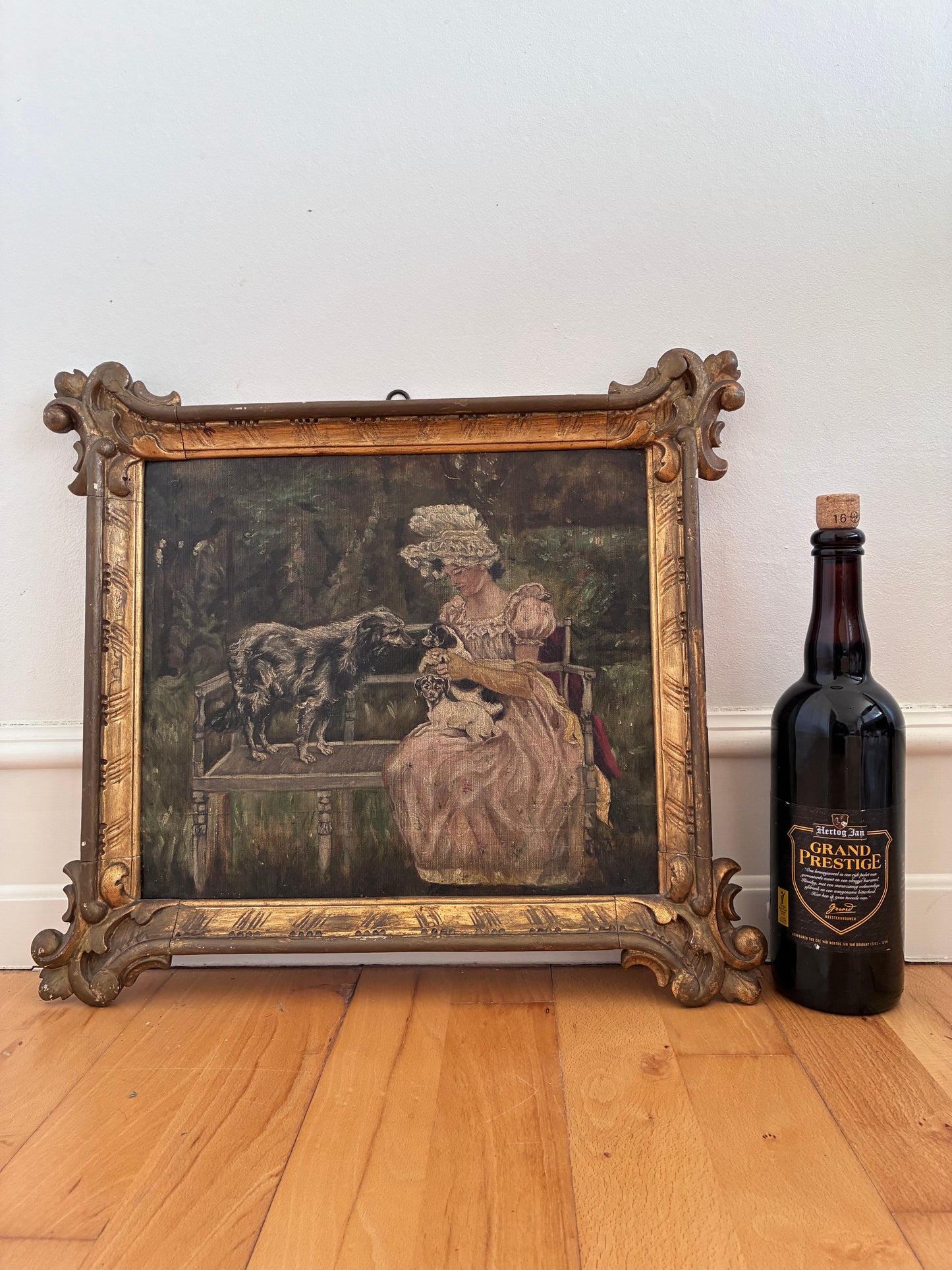 Antique Original Oil Painting, Framed Woman with Dogs Portrait, c.1880