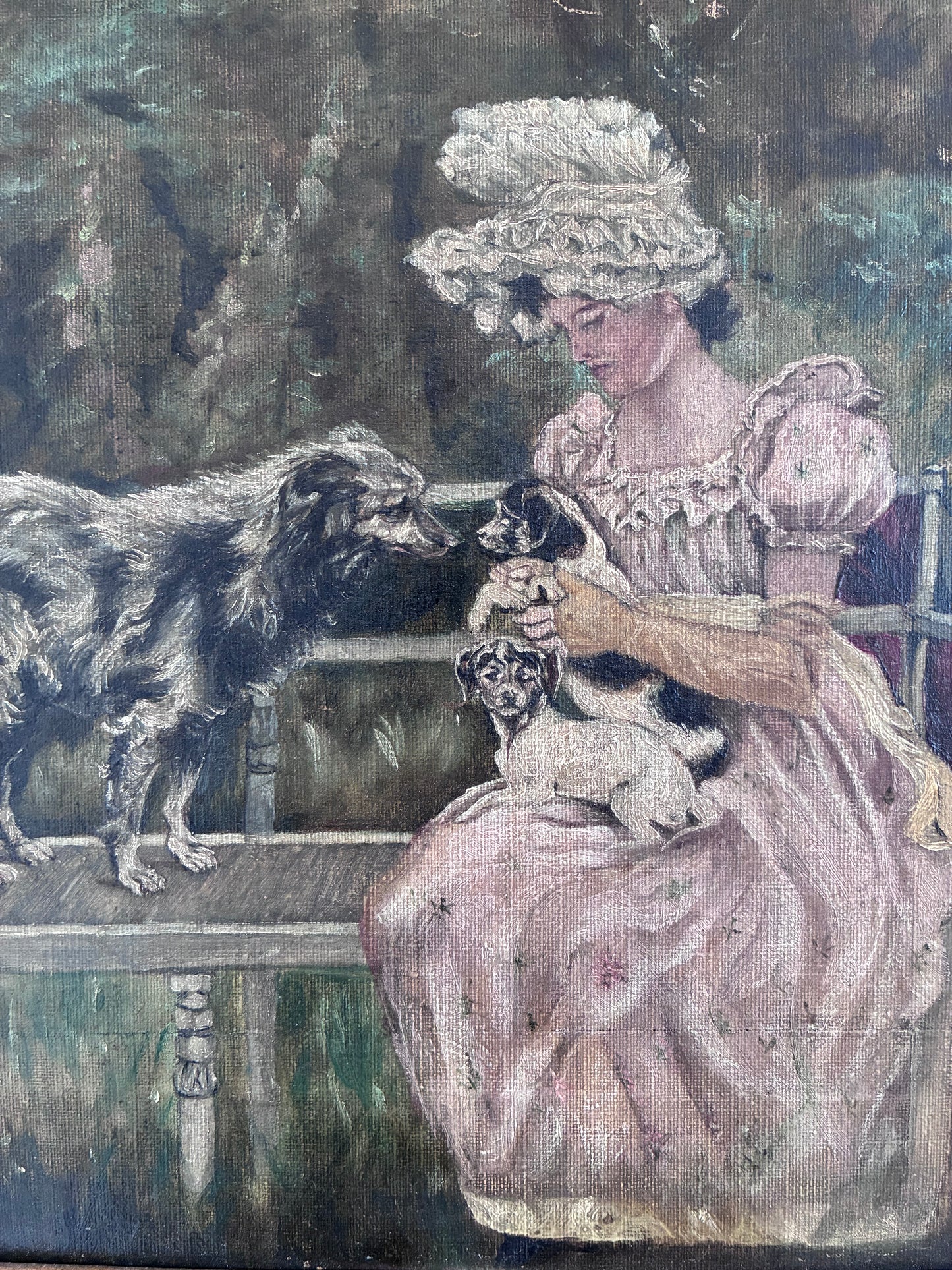 Antique Original Oil Painting, Framed Woman with Dogs Portrait, c.1880