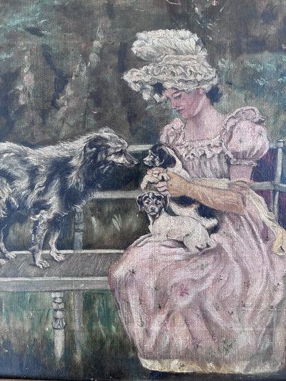 Antique Original Oil Painting, Framed Woman with Dogs Portrait, c.1880