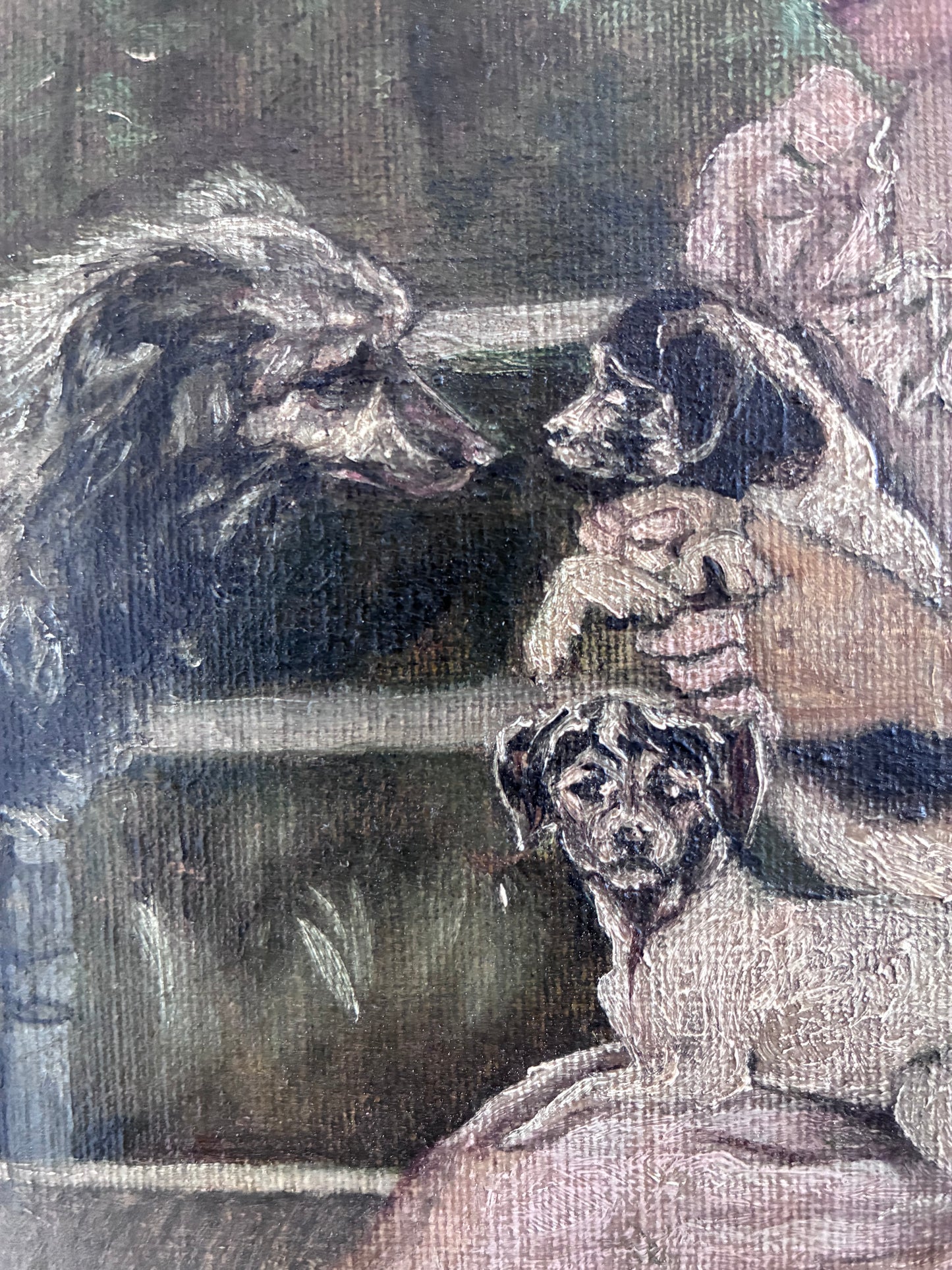 Antique Original Oil Painting, Framed Woman with Dogs Portrait, c.1880