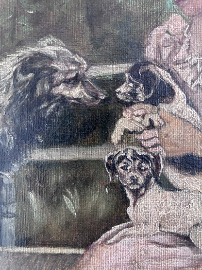 Antique Original Oil Painting, Framed Woman with Dogs Portrait, c.1880