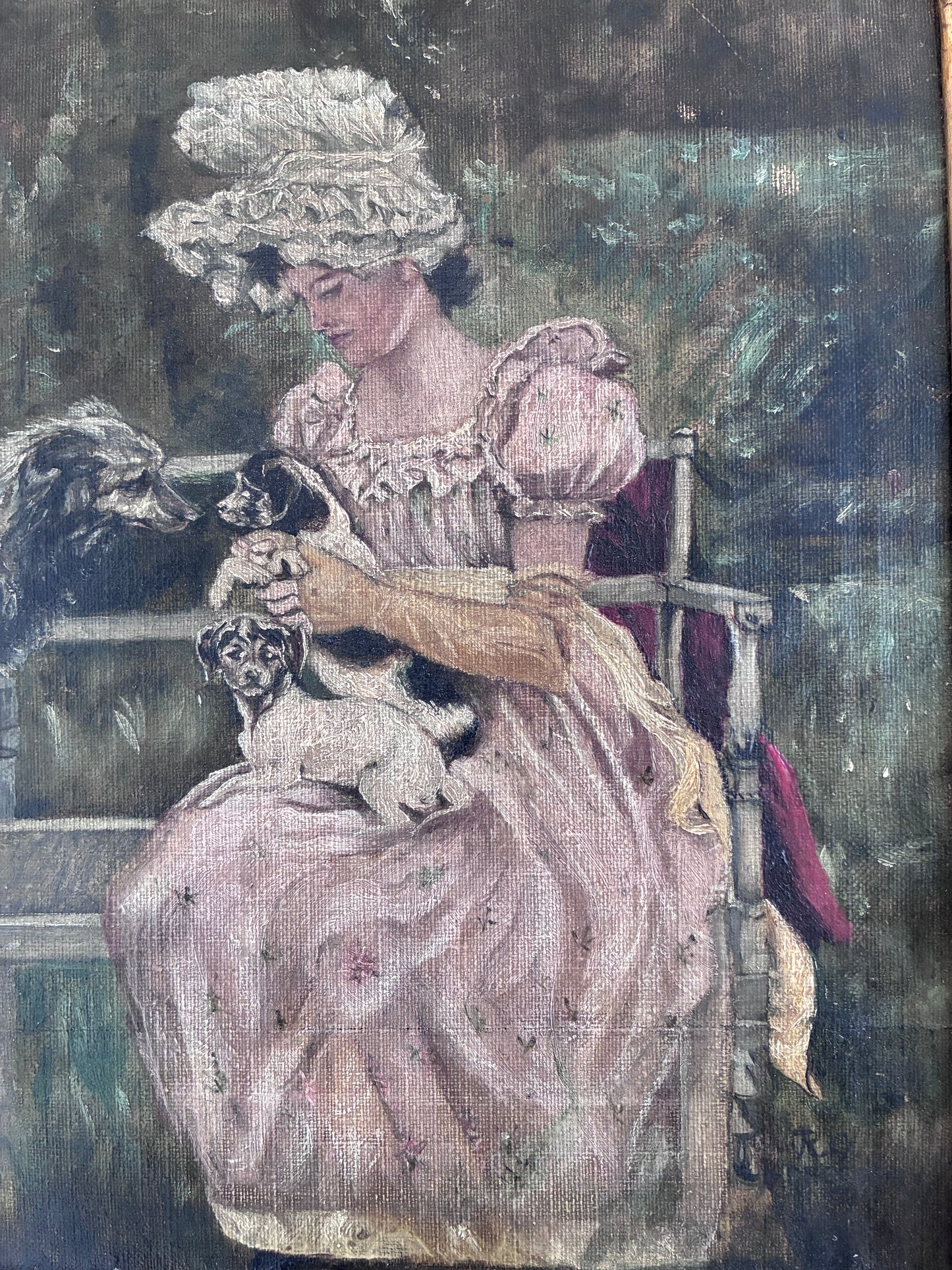 Antique Original Oil Painting, Framed Woman with Dogs Portrait, c.1880